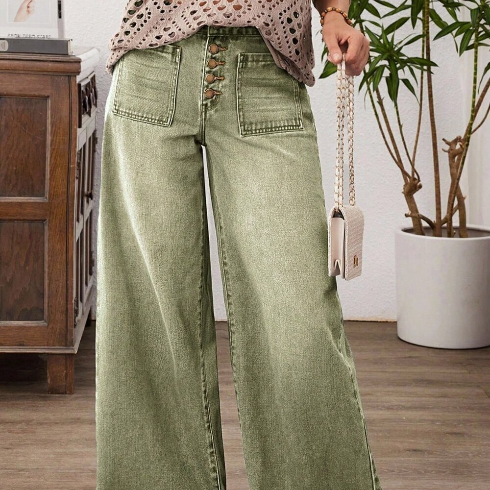 Army Green Casual Women's Wide Leg Patchwork Loose Jeans - Picture 2 of 7
